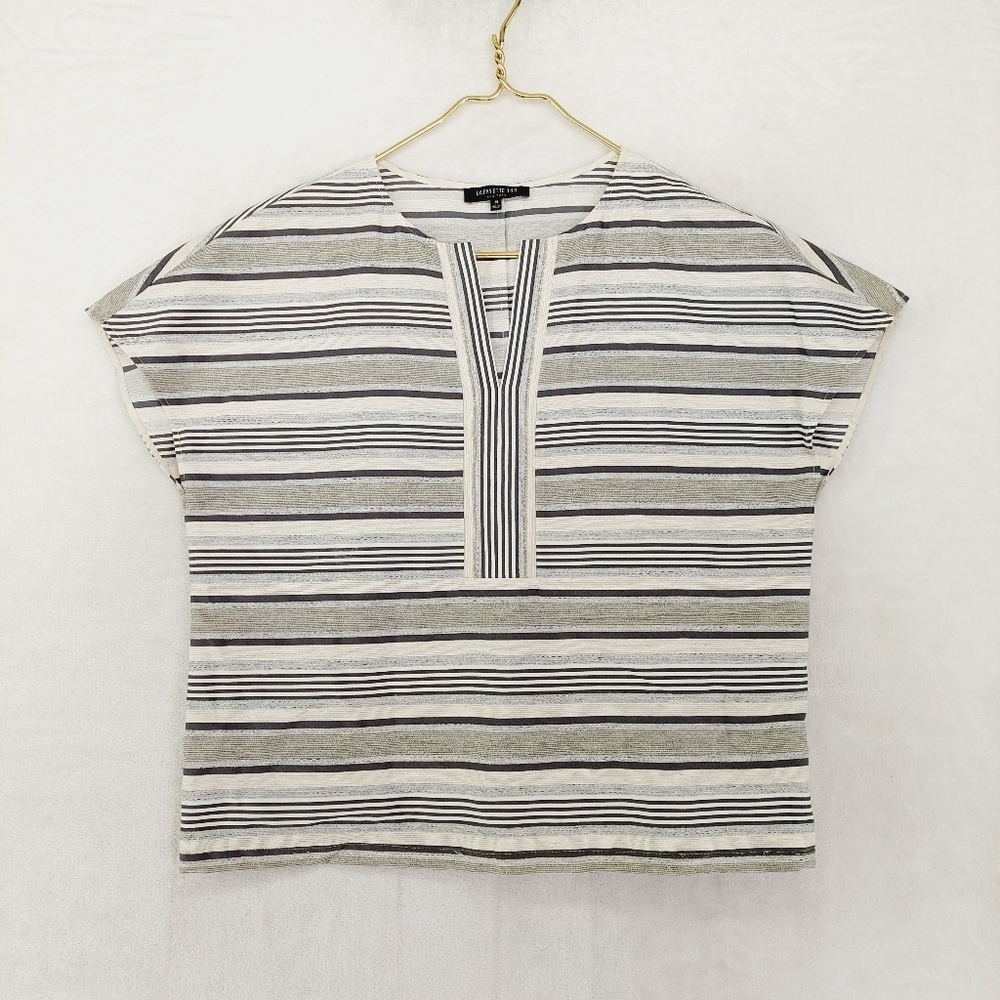 Lafayette 148 New York Striped Short Sleeve Tee In Ivory, Black And Olive